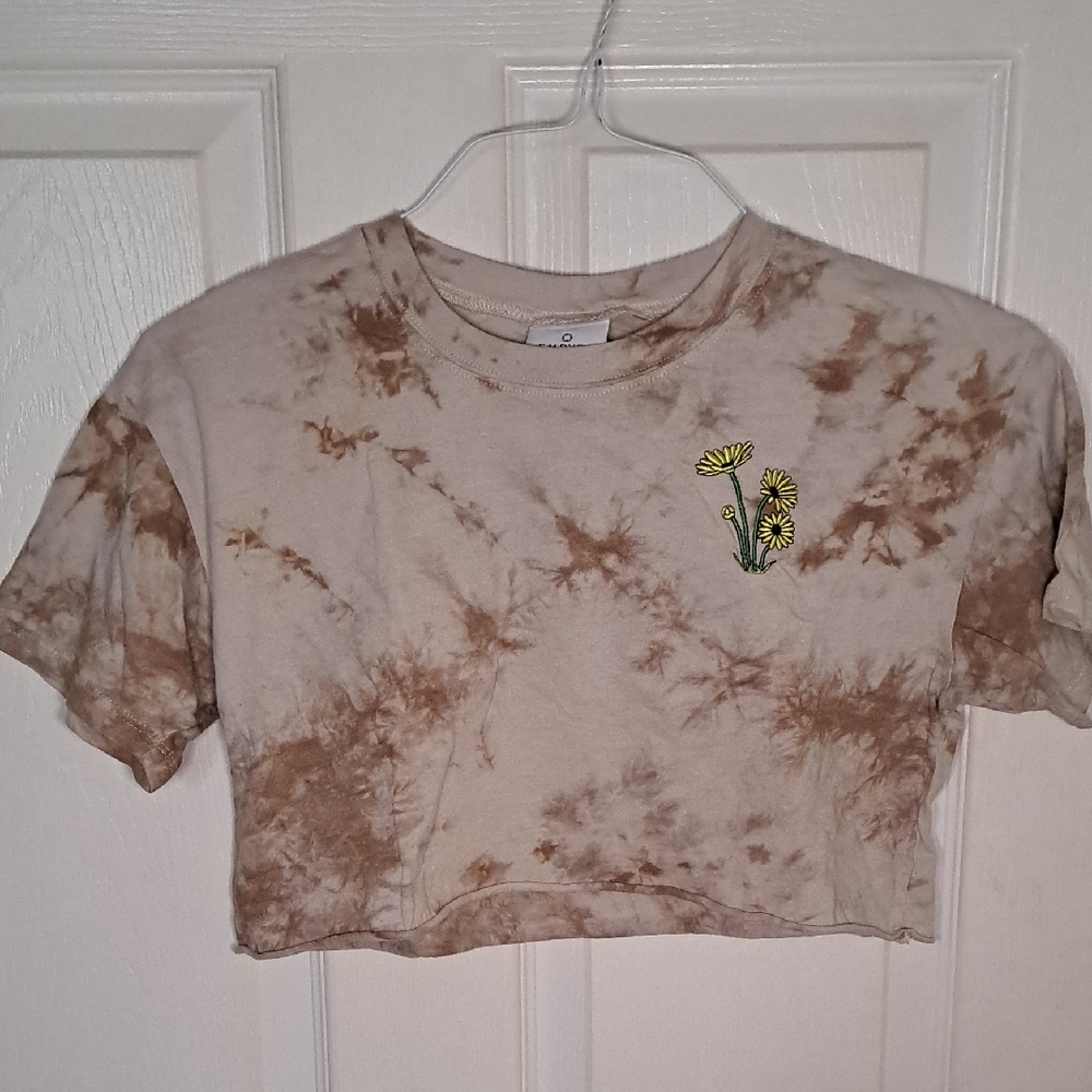 Empyre Brown Tie-Dye Cropped Tee with Yellow Dandelion Patch